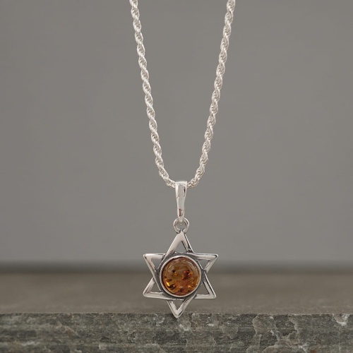 Srebrny naszyjnik Gwiazda Dawida z bursztynem bałtyckim